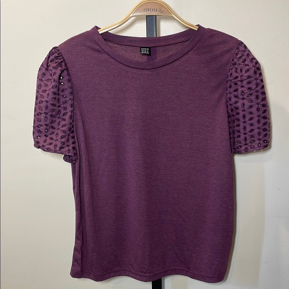 SHEIN Purple Puff Sleeve Ruffled Blouse